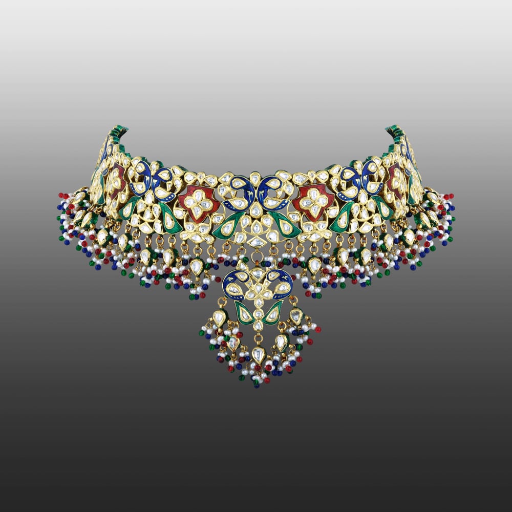 Polki Choker with Multicoloured Enamel and Beads